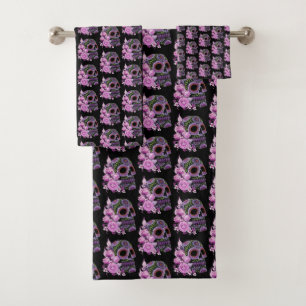 Roze Floral Black Sugar Skull Day of the Dead Bad Handdoek