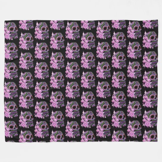 Roze Floral Black Sugar Skull Day of the Dead Fleece Deken (Voorkant (Horizontaal))