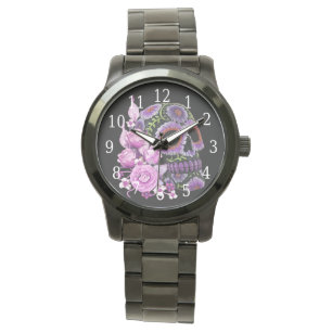 Roze Floral Black Sugar Skull Day of the Dead Horloge