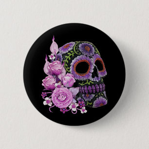 Roze Floral Black Sugar Skull Day of the Dead Ronde Button 5,7 Cm