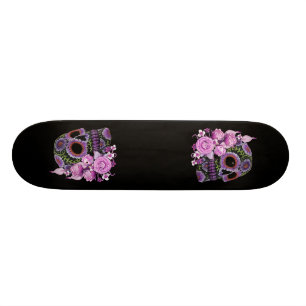 Roze Floral Black Sugar Skull Day of the Dead Skateboard
