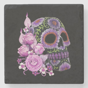 Roze Floral Black Sugar Skull Day of the Dead Stenen Onderzetter