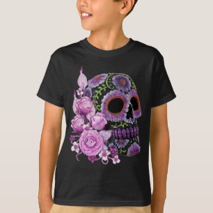 Roze Floral Black Sugar Skull Day of the Dead T-shirt
