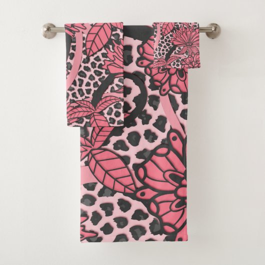 Roze Floral Black White Leopard Animal Print Bad Handdoek (Insitu)