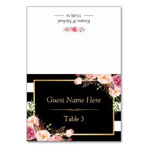 Roze Floral Black White Stripes Wedde Place Kaart
