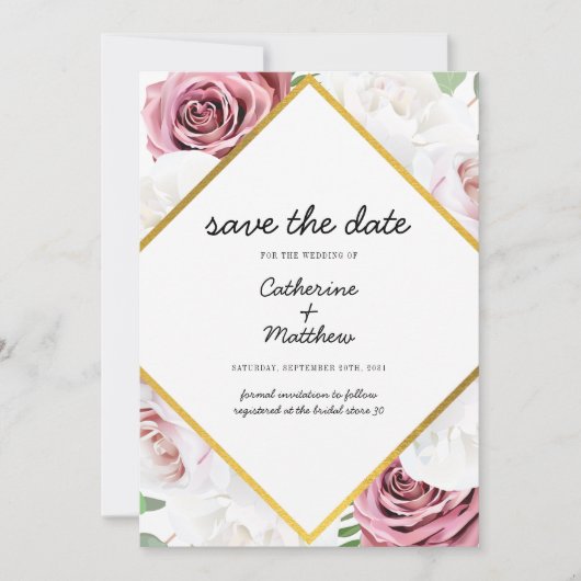 Roze Floral Blush Gold geometric Save The Date (Voorkant)