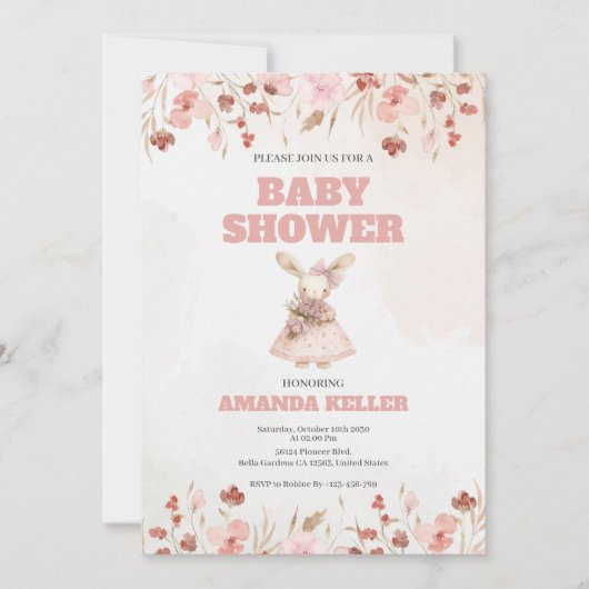 Roze Floral Bunny Baby shower Uitnodiging (Voorkant)