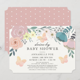 Roze Floral & Butterflies drive-by Baby shower Kaart