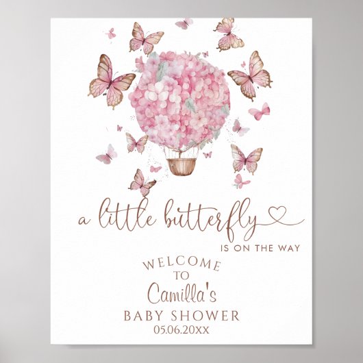 Roze Floral Butterflies Girl Baby shower Poster (Voorkant)