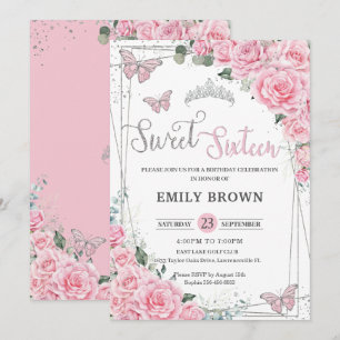 Roze Floral Butterflies Sweet Sixteen 16 verjaarda Kaart