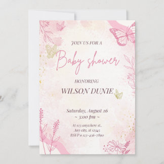 Roze Floral Butterfly Girl Baby shower Kaart