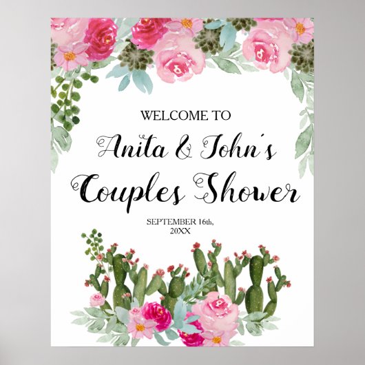 Roze Floral Cactus Couples Shower Welkomstbord Poster (Voorkant)