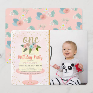 Roze Floral Cake Girl Foto 1e verjaardag Kaart