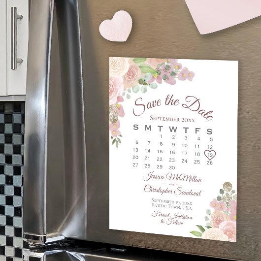 Roze Floral Calendar Wedding Save the Date Magnet
