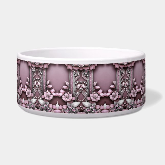 Roze Floral Ceramic Pet Bowl Voerbakje (Voorkant)