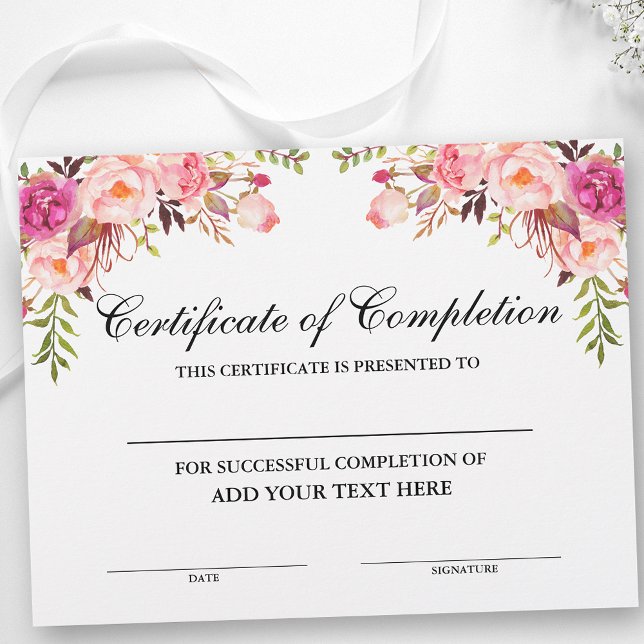 Roze Floral Certificate of Compleal - Jouw tekst (Customize to change text size, text style or text color.)
