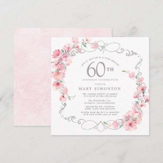 Roze Floral Cherry Blossom 60th Birthday Party Kaart (Voorkant / Achterkant)