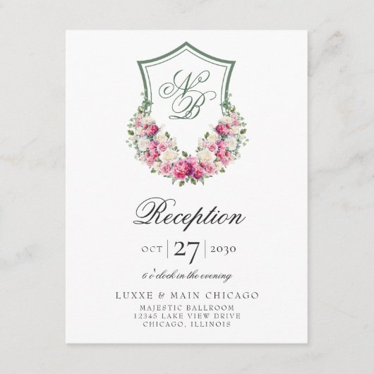 Roze Floral Crest bruiloft receptie Informatiekaartje (Voorkant)