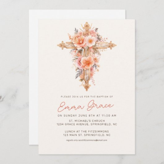 Roze Floral Cross Baptism Uitnodiging (Voorkant / Achterkant)