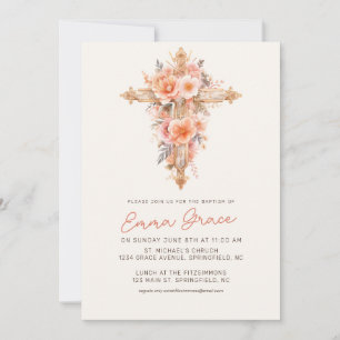 Roze Floral Cross Baptism Uitnodiging