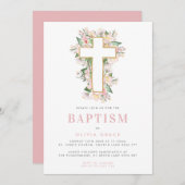 Roze Floral Cross Baptism Uitnodiging (Voorkant / Achterkant)