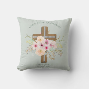 Roze Floral Cross Bouquet Girl Baptism Christening Kussen