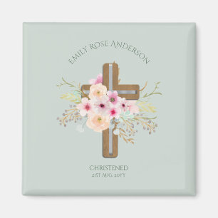 Roze Floral Cross Bouquet Girl Baptism Christening Magneet
