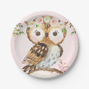 Roze Floral Crown Owl Birthday Paper Bord