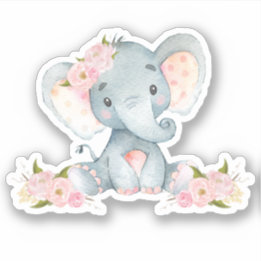 Roze Floral Cute Baby Elephant zonder vinyl Sticker