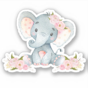 Roze Floral Cute Baby Elephant zonder vinylseptisc Sticker