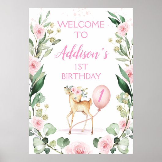 Roze Floral Deer Birthday Welcome Poster (Voorkant)