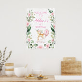 Roze Floral Deer Birthday Welcome Poster (Keuken)