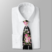Roze Floral Eiffeltoren op zwart Stropdas (Gebonden)