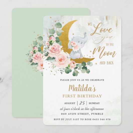 Roze Floral Elephant 1st Birthday Crescent Moon Kaart (Voorkant / Achterkant)