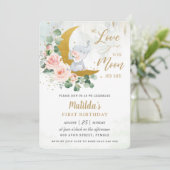 Roze Floral Elephant 1st Birthday Crescent Moon Kaart (Staand voorkant)