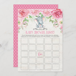 Roze Floral Elephant Bingo Baby shower Game Card Kaart
