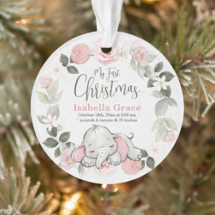Roze Floral Elephant Girl Baby 1e kerstfoto Ornament
