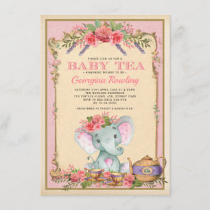 Roze Floral Elephant Tea Party Baby shower Kaart
