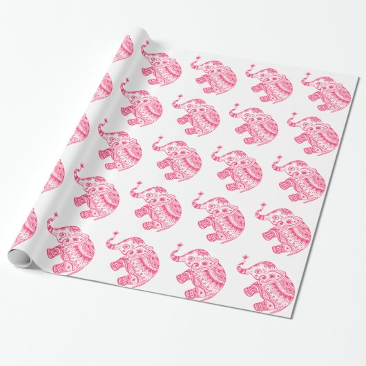 Roze Floral Elephant White Achtergrond Cadeaupapier (Uitgerold)