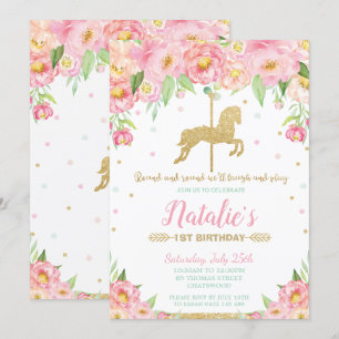 Roze Floral en Gold Carrousel 1-jarig meisje Kaart