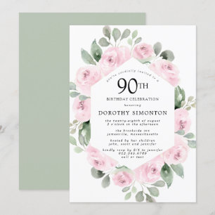 Roze Floral Eucalyptus 90th Birthday Party Kaart