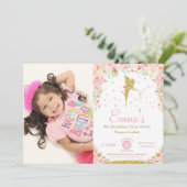 Roze Floral Fairy 1e verjaardag Uitnodiging (Staand voorkant)