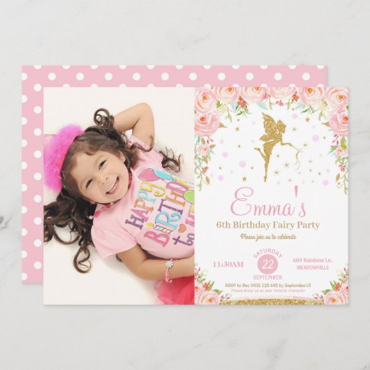 Roze Floral Fairy 1e verjaardag Uitnodiging (Voorkant / Achterkant)