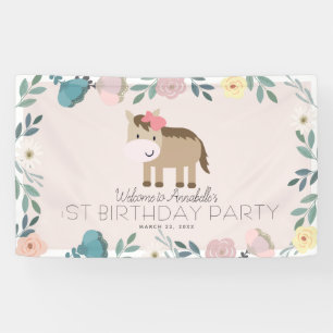 Roze Floral Garden Horse Girl Birthday Welkom Spandoek