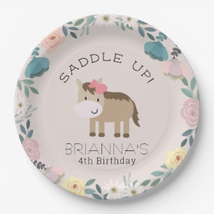 Roze Floral Garden Paardenmeisje Birthday Paper Bo Papieren Bordje