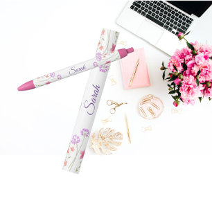 Roze Floral - Gepersonaliseerde naam Zwarte Inkt Pen