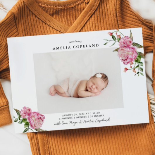 Roze Floral Girl Baby Foto geboorteaankondiging Aankondiging