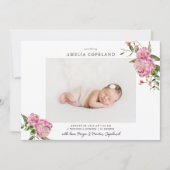 Roze Floral Girl Baby Foto geboorteaankondiging Aankondiging (Voorkant)
