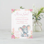 Roze Floral Girl Elephant Baby shower Invitation Kaart (Staand voorkant)