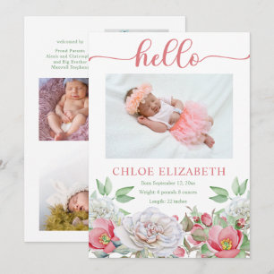 Roze Floral Girl Foto Collage Birth kondiging Aankondiging